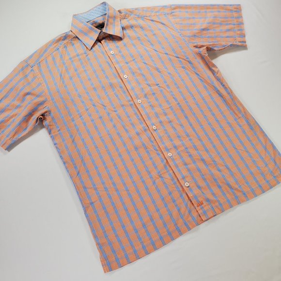 Johnston Murphy Shirt Men Medium Orange Blue Check Regular Fit Casual Button Up - Picture 5 of 14